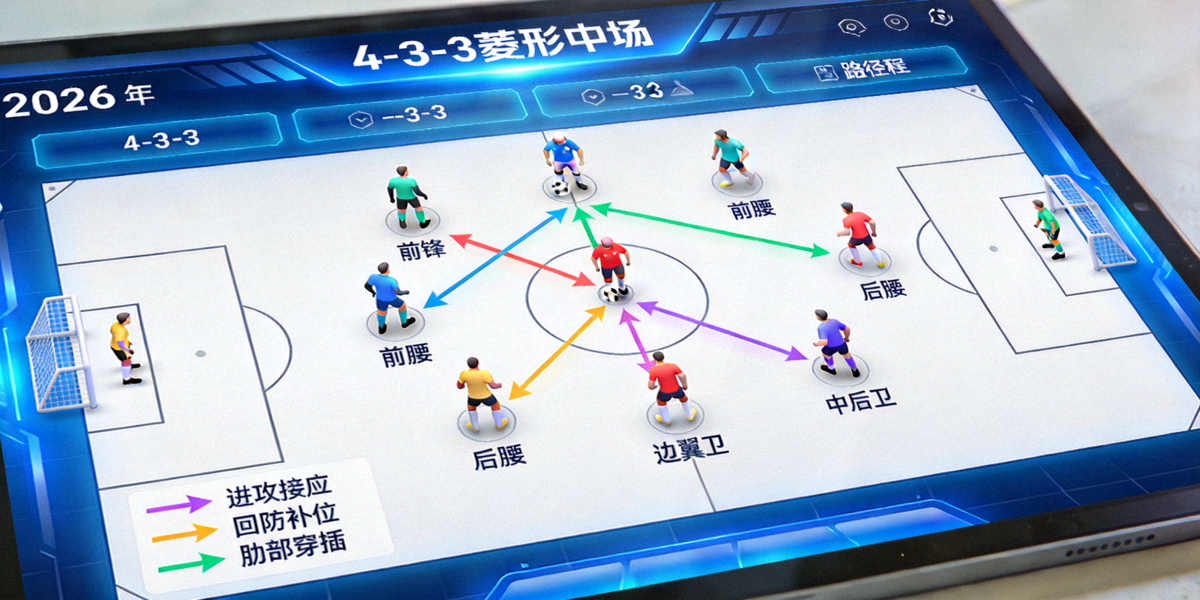现代足球战术分析板展示2026年流行阵型与跑位示意图
